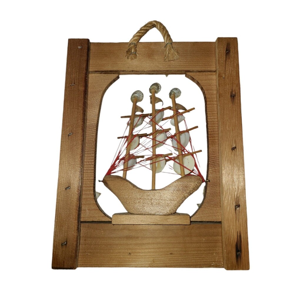 Vintage Handmade Wood Seashell Sail Boat Ship Wall Hanging Key Hooks Nautical - Picture 2 of 8